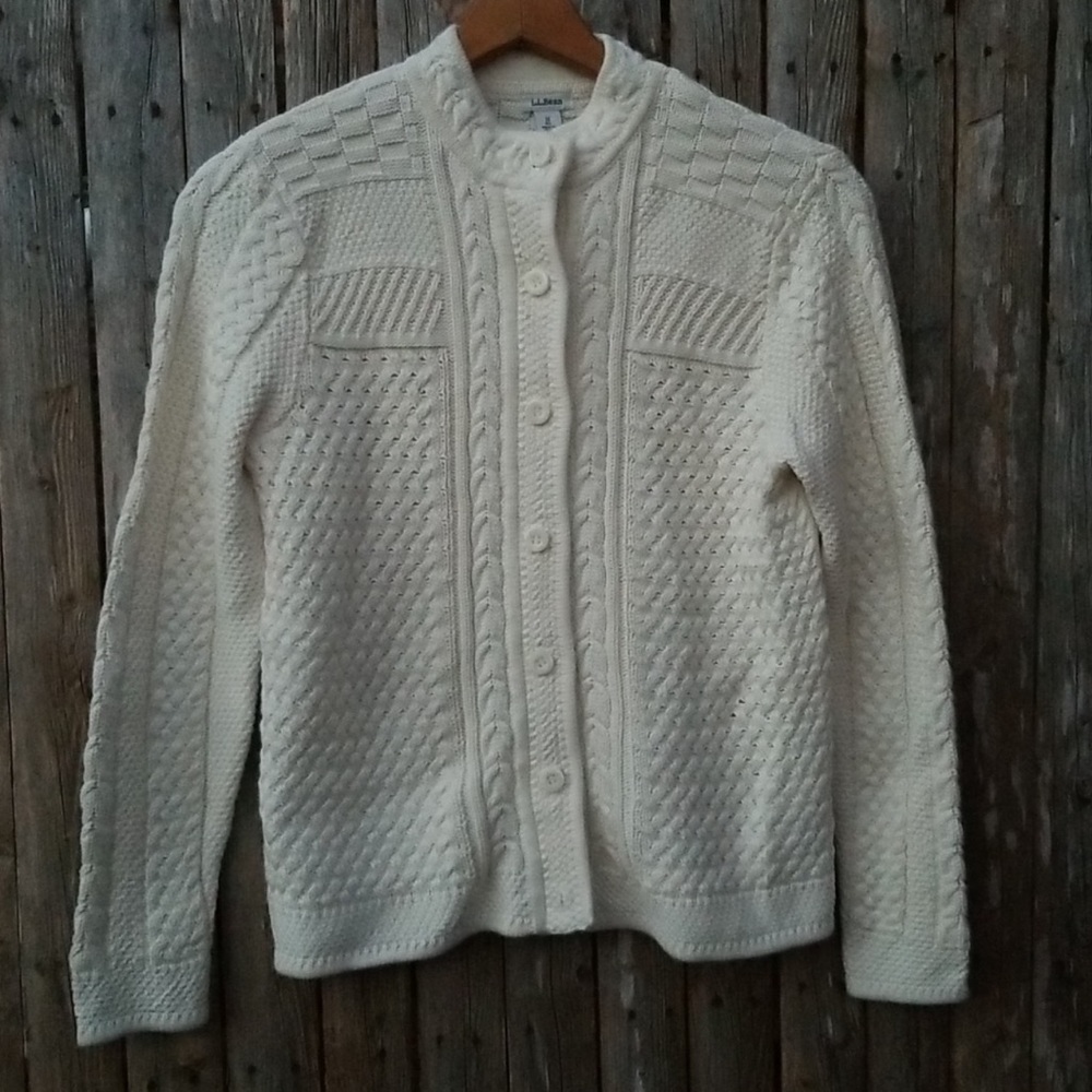 CREAM L.L. BEAN MEDIUM CABLE KNIT COTTON BUTTON FRONT CARDIGAN